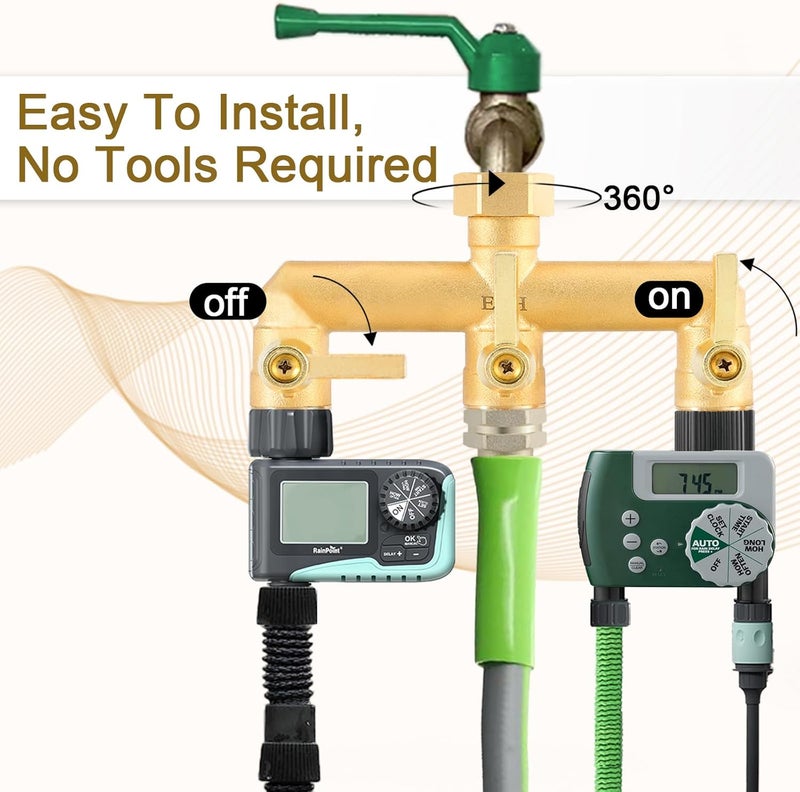EBH Brass Garden Hose Splitter, 3 Way High Flow Outdoor Faucet Splitter,Full Flow 3-Way Brass Heavy Duty Hose Splitter With 3 Long Metal Handle and Individual On/Off Valve。 - Image 5
